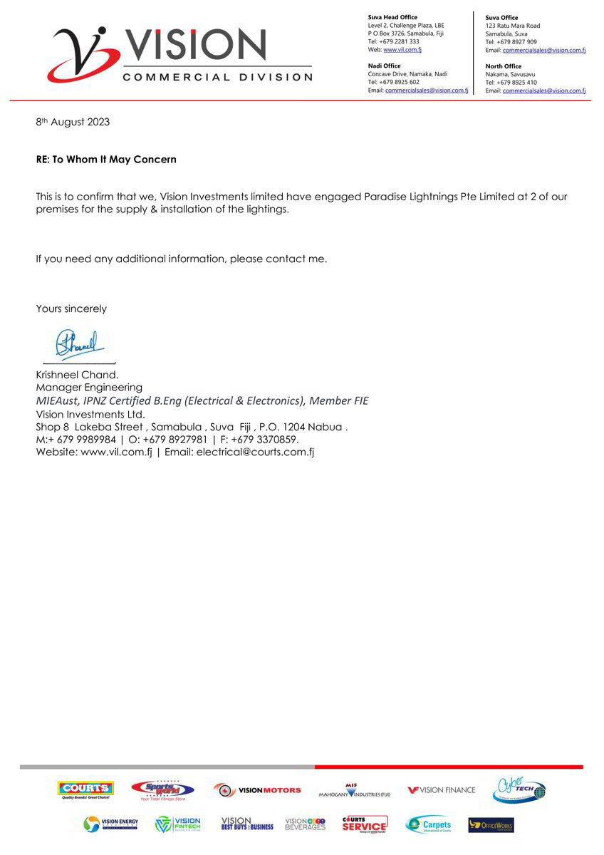 Reference letter from Vision Investments